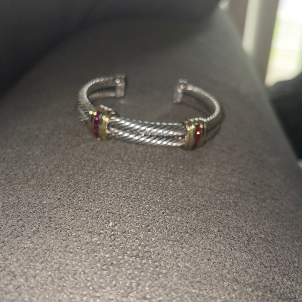 David Yurman silver,gold,and garnet Twisted Cable Cuff Bracelet with Gold Accent